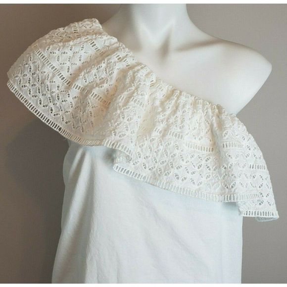 Abercrombie & Fitch White Cotton Dress Eyelet Embroidery One Shoulder M EUC - Picture 2 of 4
